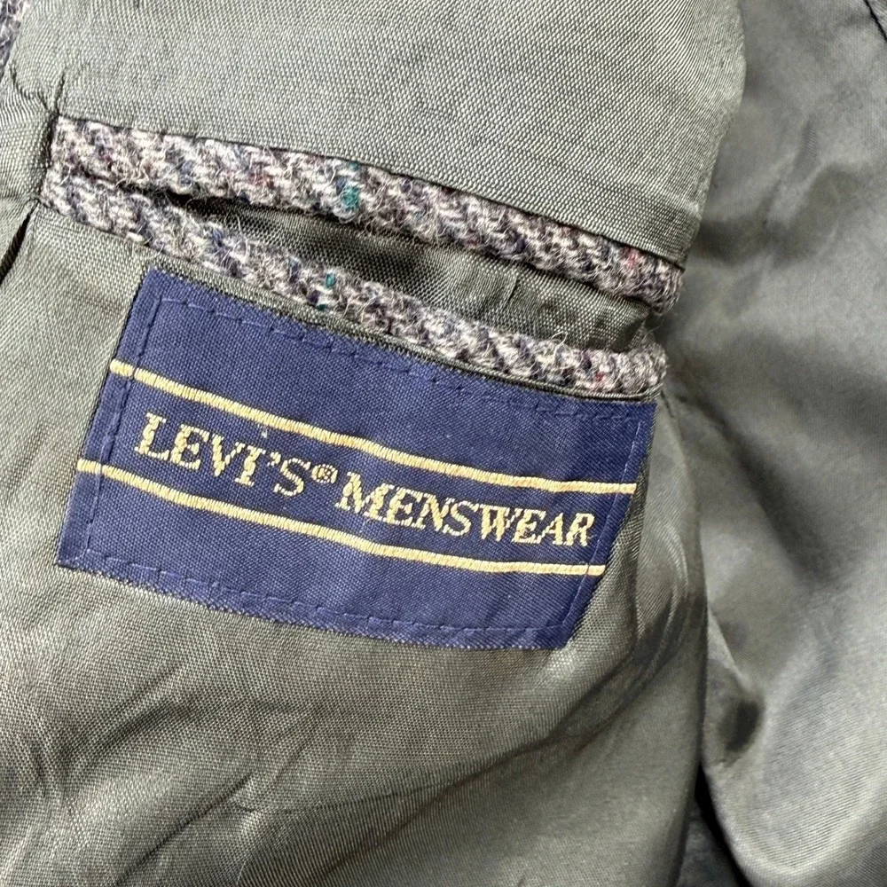 Vintage Levi's Sport Coat Mens 42R Grey Herringbone Tweed Wool Blazer Plaid